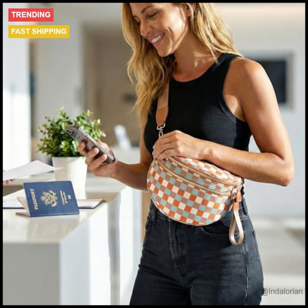 Checkered Crossbody Bag Nylon Bum Bag Spacious Hobo Purse Adjustable Strap - Picture 2 of 7